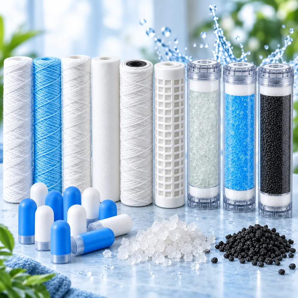 Gamme de cartouches de filtration d'eau : bobinées, extrudées, tamis lavable, polyphosphate et charbon actif