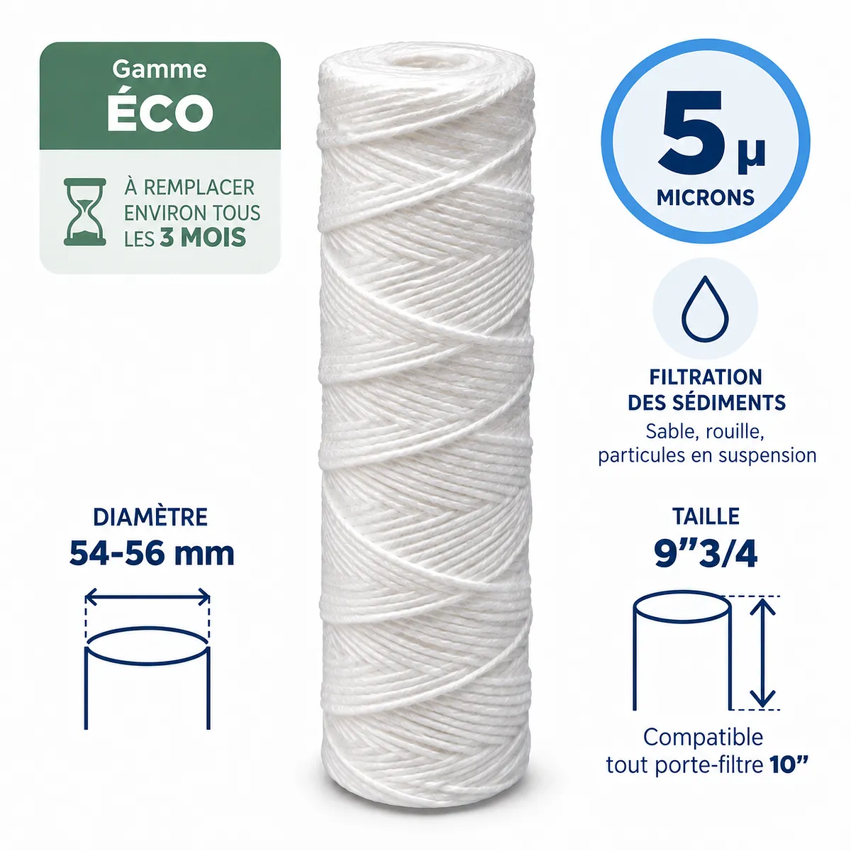 Cartouche anti-sédiments bobinée 9"3/4 (compatible 10") · 5 µm · 9"3/4 · Éco