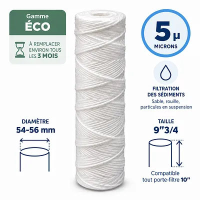 Cartouche anti-sédiments bobinée 9"3/4 (compatible 10") · 5 µm · 9"3/4 · Éco