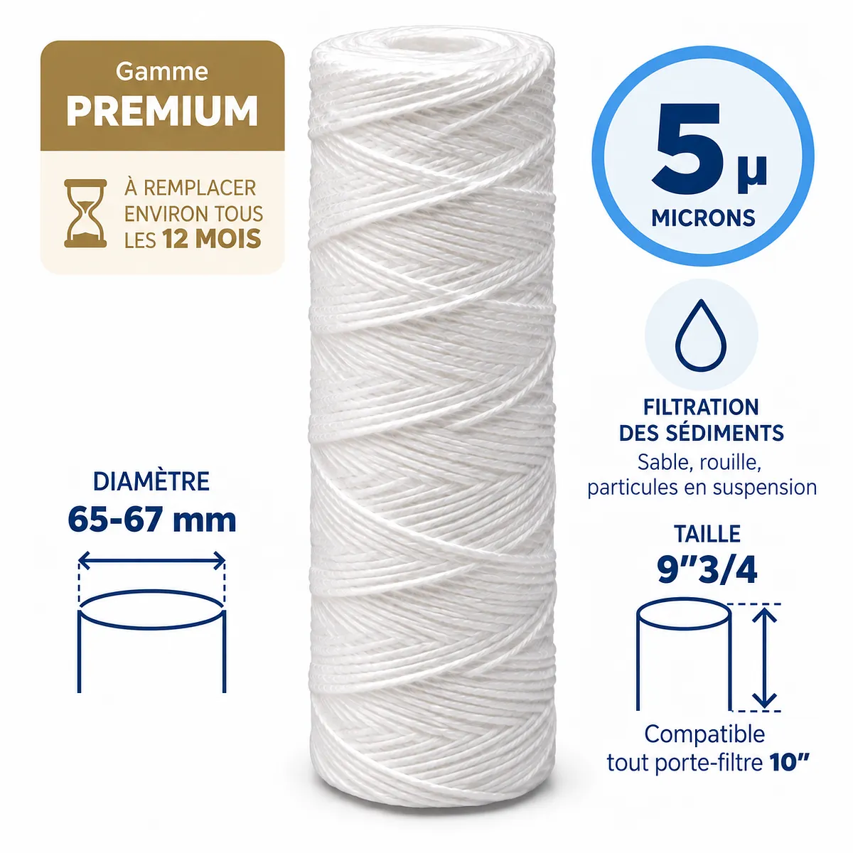Cartouche anti-sédiments bobinée 9"3/4 (compatible 10") · 5 µm · 9"3/4 · Premium