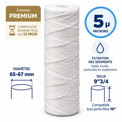 Cartouche anti-sédiments bobinée 9"3/4 (compatible 10") · 5 µm · 9"3/4 · Premium