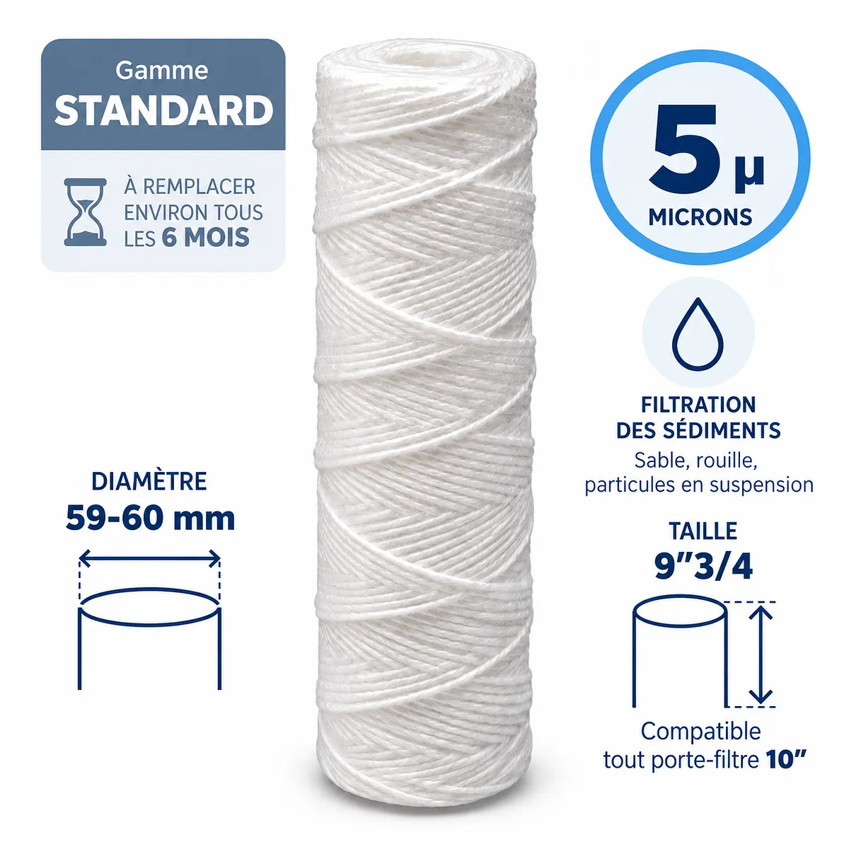 Cartouche anti-sédiments bobinée 9"3/4 (compatible 10") · 5 µm · 9"3/4 · Standard