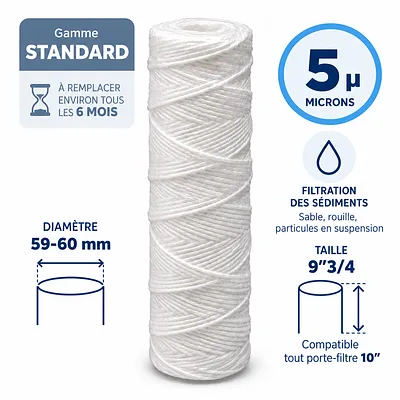 Cartouche anti-sédiments bobinée 9"3/4 (compatible 10") · 5 µm · 9"3/4 · Standard