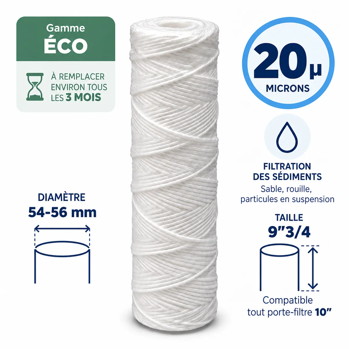Cartouche anti-sédiments bobinée 9"3/4 (compatible 10") · 20 µm · 9"3/4 · Éco