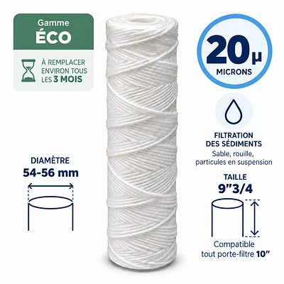 Cartouche anti-sédiments bobinée 9"3/4 (compatible 10") · 20 µm · 9"3/4 · Éco