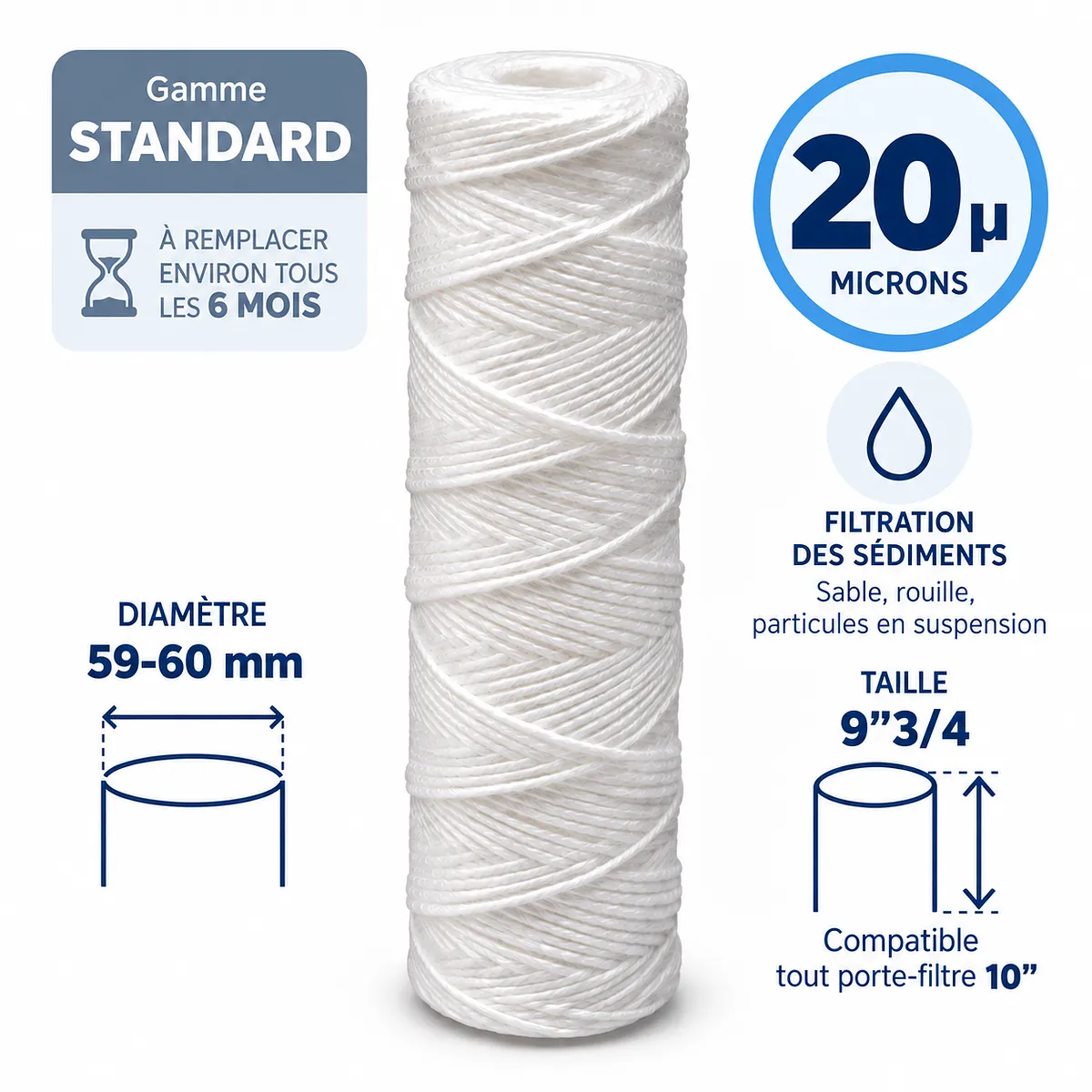Cartouche anti-sédiments bobinée 9"3/4 (compatible 10") · 20 µm · 9"3/4 · Standard