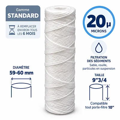 Cartouche anti-sédiments bobinée 9"3/4 (compatible 10") · 20 µm · 9"3/4 · Standard