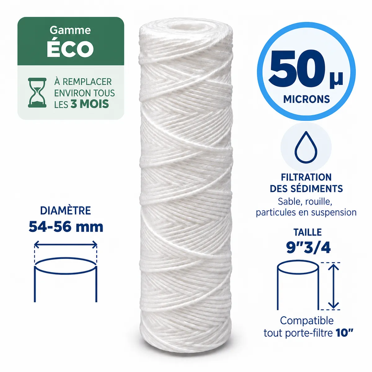 Cartouche anti-sédiments bobinée 9"3/4 (compatible 10") · 50 µm · 9"3/4 · Éco
