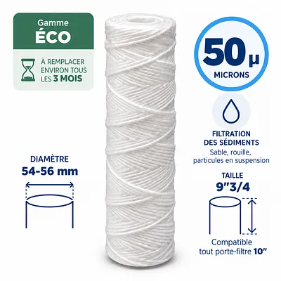 Cartouche anti-sédiments bobinée 9"3/4 (compatible 10") · 50 µm · 9"3/4 · Éco