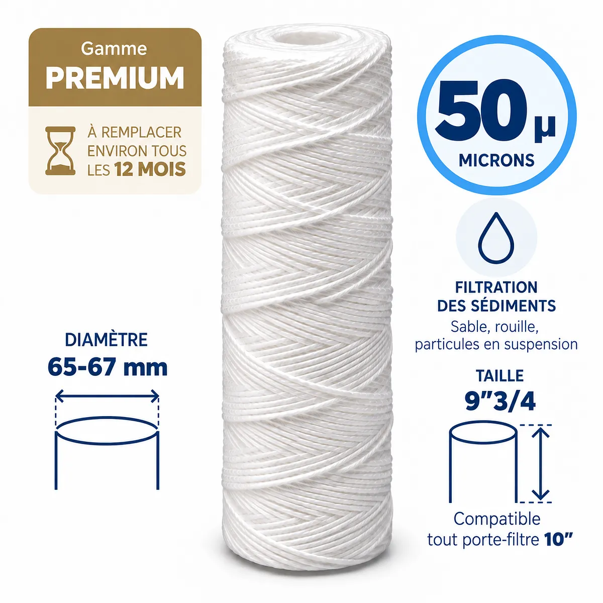 Cartouche anti-sédiments bobinée 9"3/4 (compatible 10") · 50 µm · 9"3/4 · Premium