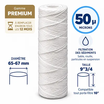 Cartouche anti-sédiments bobinée 9"3/4 (compatible 10") · 50 µm · 9"3/4 · Premium