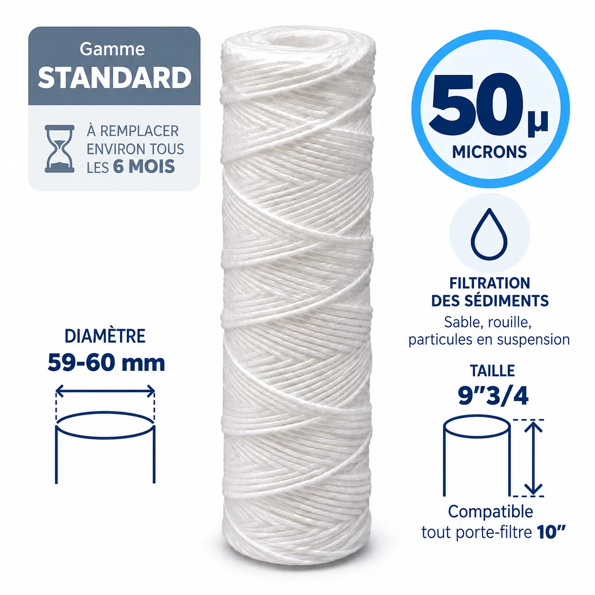 Cartouche anti-sédiments bobinée 9"3/4 (compatible 10") · 50 µm · 9"3/4 · Standard