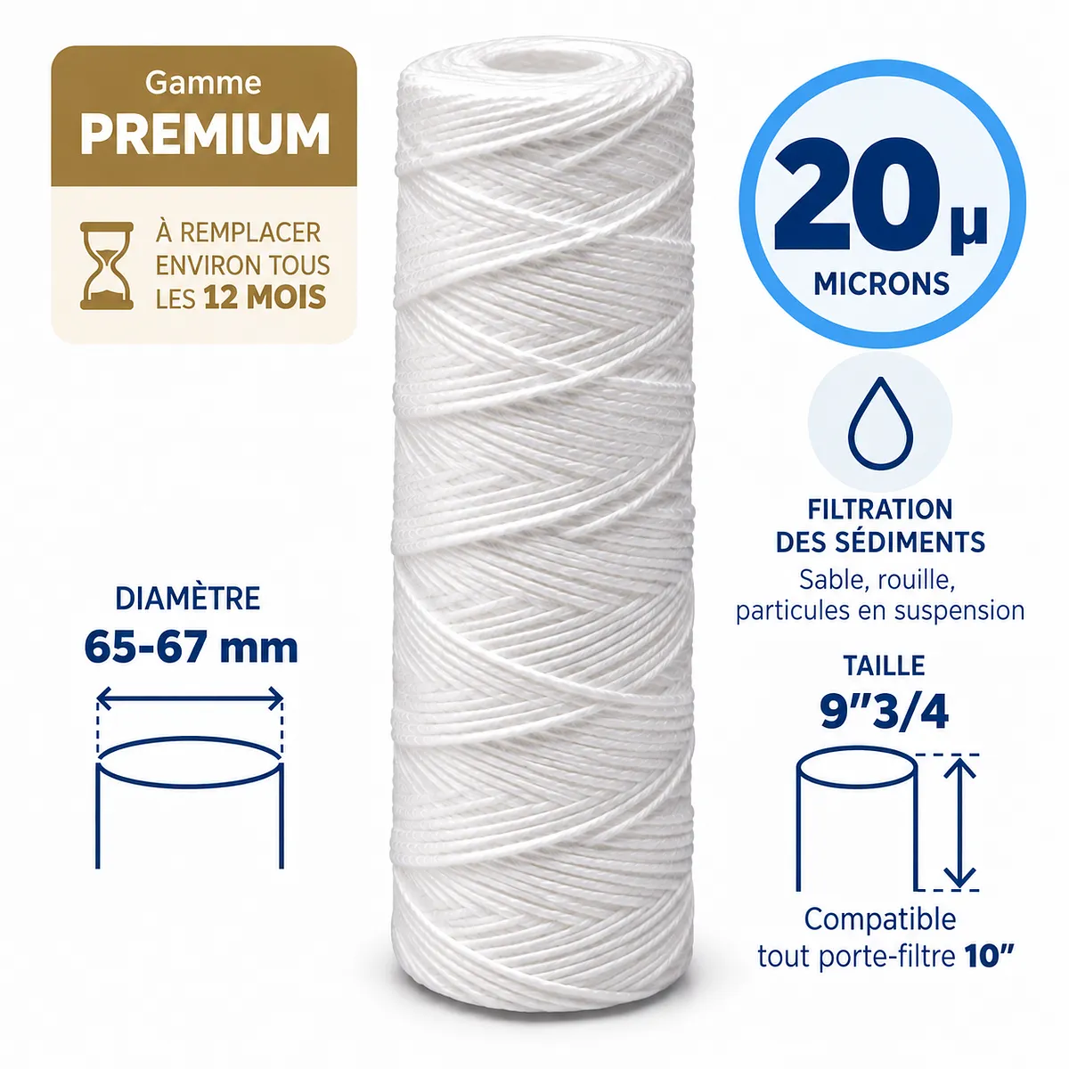 Cartouche anti-sédiments bobinée 9"3/4 (compatible 10") · 20 µm · 9"3/4 · Premium