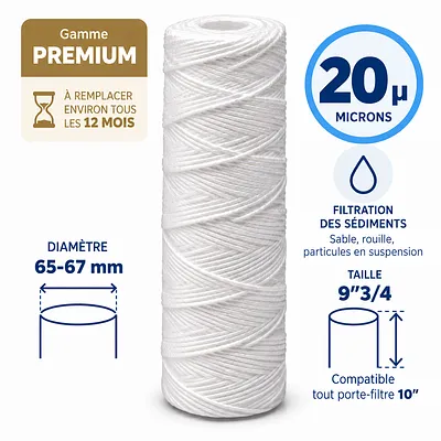 Cartouche anti-sédiments bobinée 9"3/4 (compatible 10") · 20 µm · 9"3/4 · Premium
