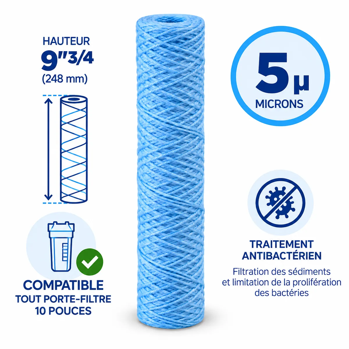 Cartouche anti-sédiments antibactérienne 9"3/4 (compatible 10") · 5 µm · 9"3/4
