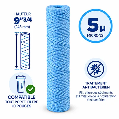 Cartouche anti-sédiments antibactérienne 9"3/4 (compatible 10") · 5 µm · 9"3/4