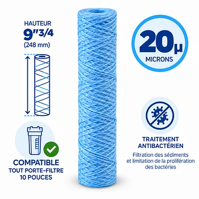 Cartouche anti-sédiments antibactérienne 9"3/4 (compatible 10") · 20 µm · 9"3/4