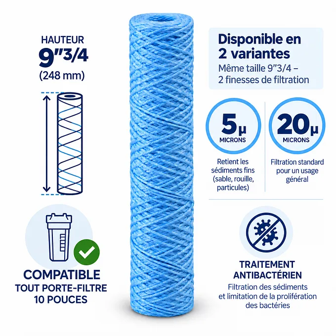 Cartouche anti-sédiments antibactérienne 9"3/4 (compatible 10") · 20 µm · 9"3/4