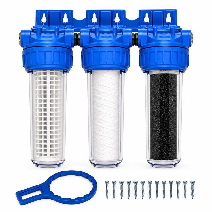 Kit filtration triple eau de pluie 9"3/4, corps 3 parties
