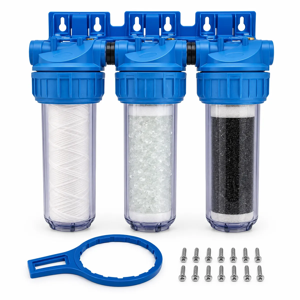 Kit filtration triple sédiments, calcaire et charbon actif 9"3/4, corps 3 parties