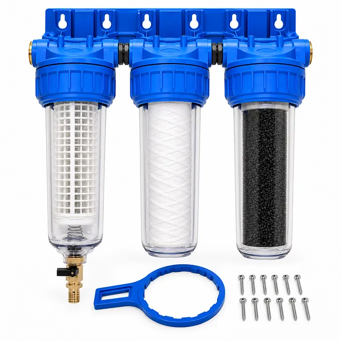 Kit filtration triple eau de pluie Rinçage Express 9"3/4, corps 3 parties
